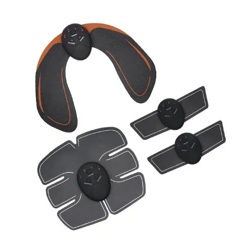 Compact black EMS muscle stimulator unit with conductive gel pads for abdominal and buttock toning