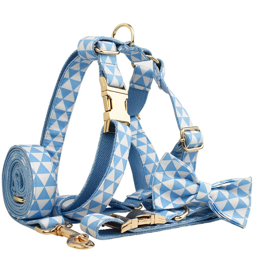 Blue cloth four-piece pet dog set showing collar, leash, bow tie and vest