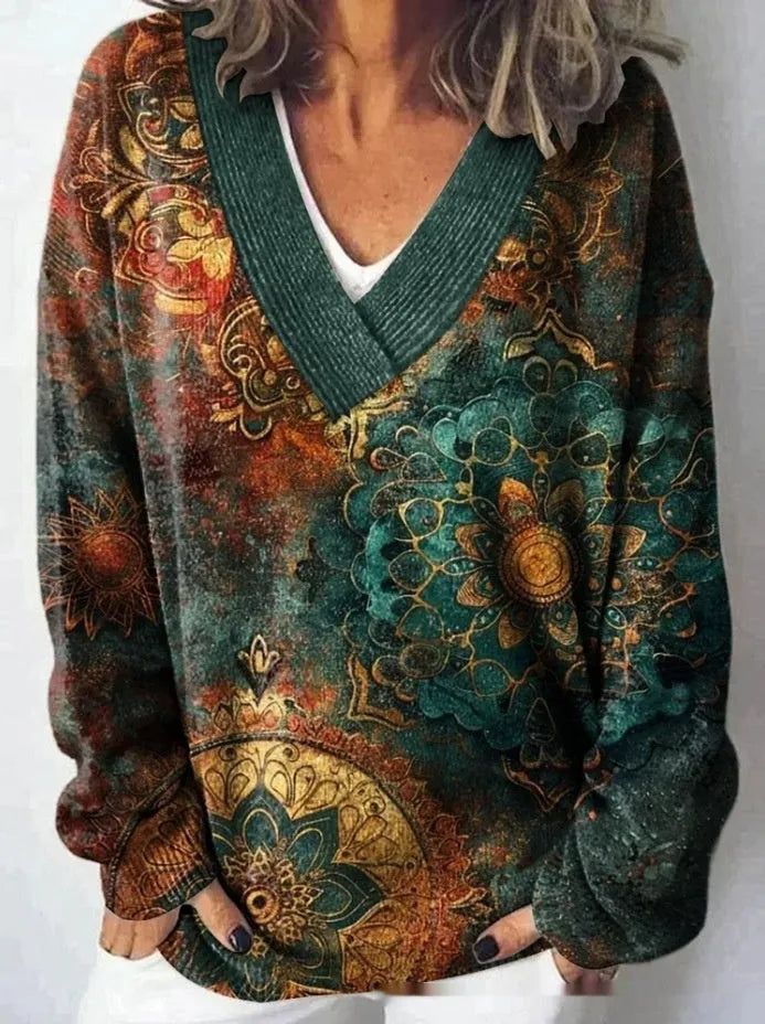 Women's V-neck sweatshirt with 3D floral print pattern on white polyester woven fabric