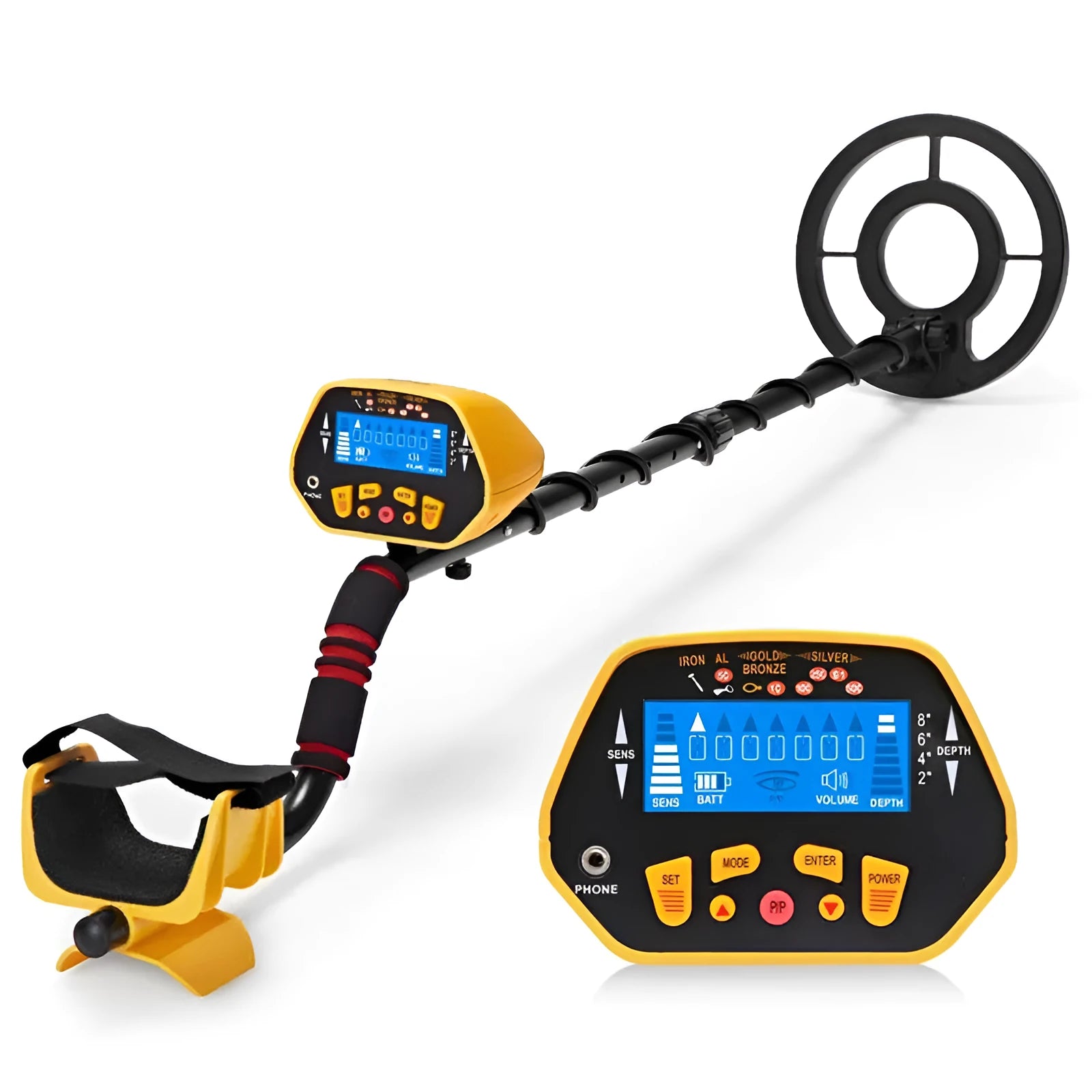 GC1028 black and yellow metal detector with LCD screen and adjustable pole on grass.