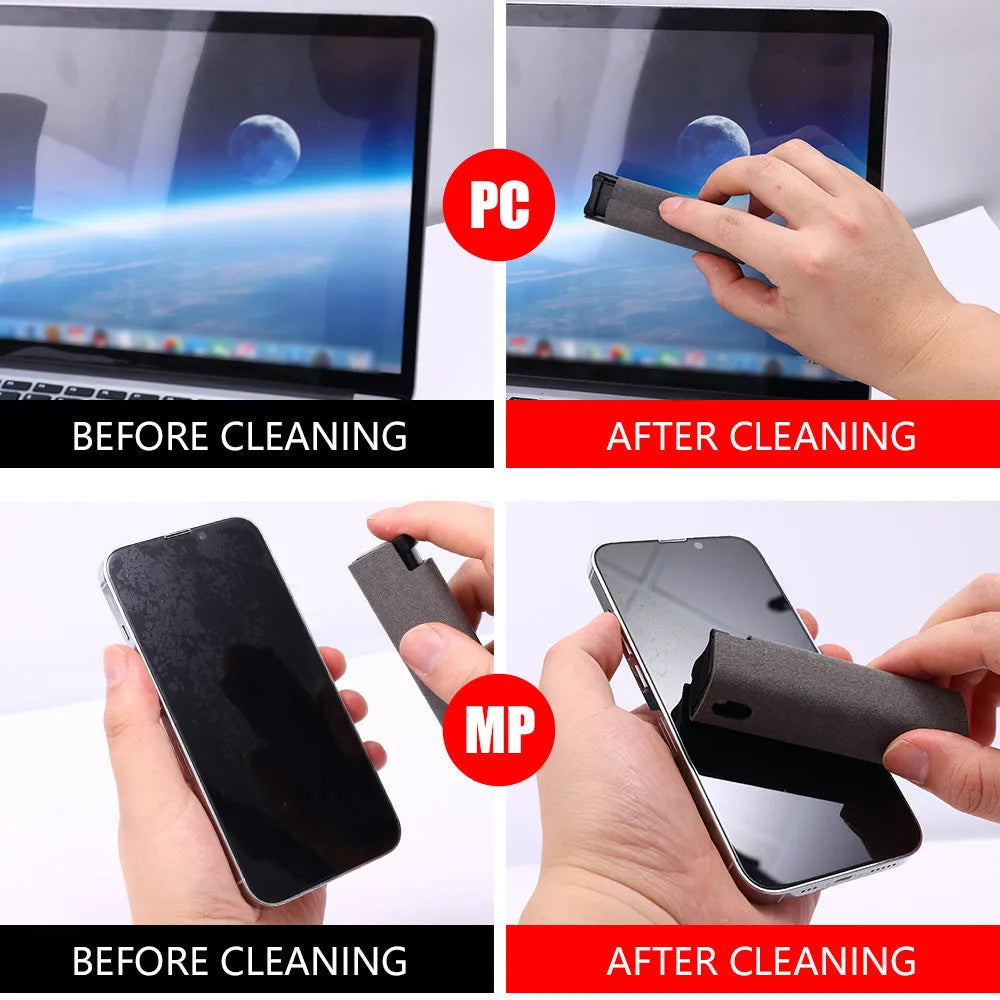 All-in-one screen cleaner with microfiber wipe and 10ml spray bottle, 9cm by 2.7cm, for phones, tablets and laptops