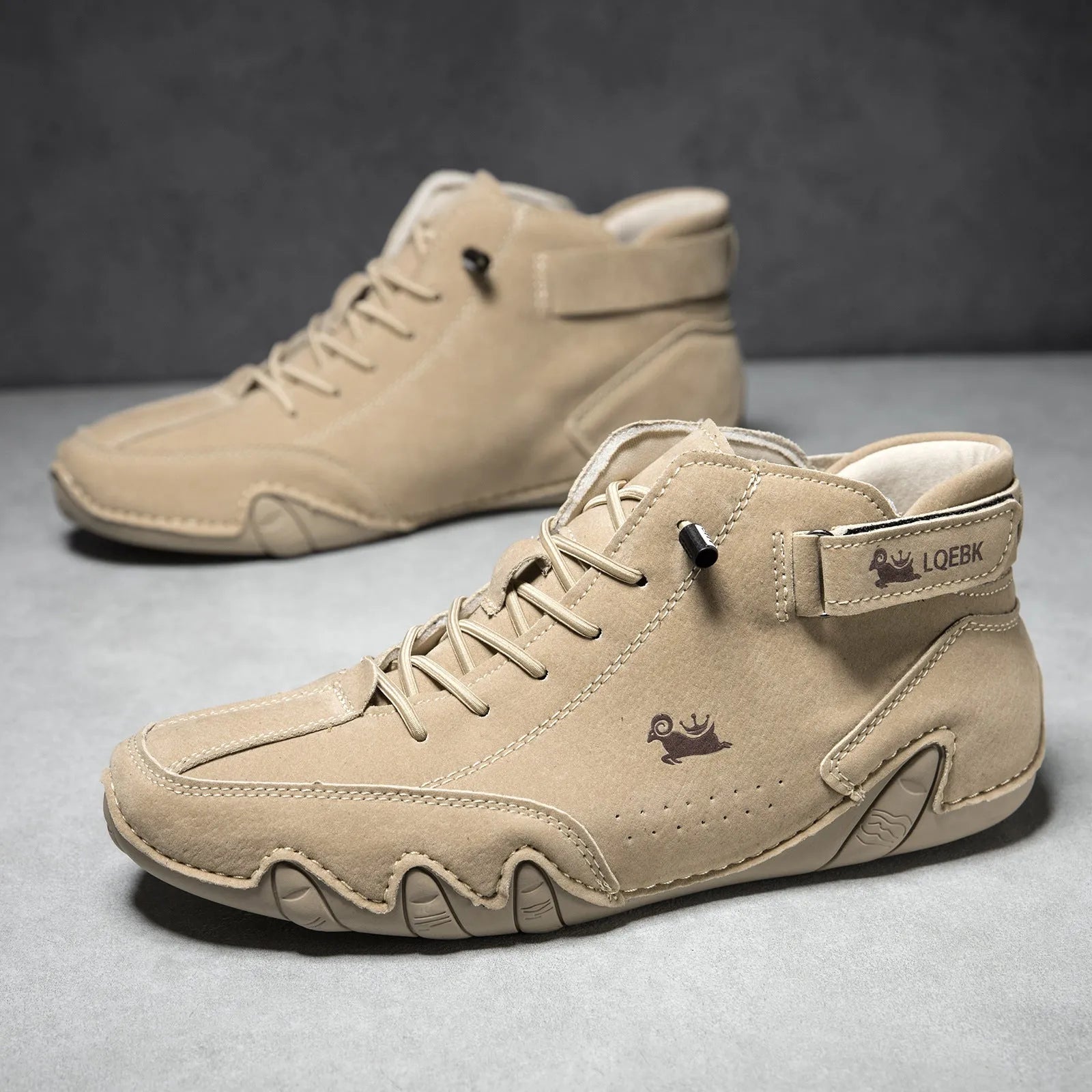 Men's brown high-top casual Martin boots with round toe and flat rubber sole.