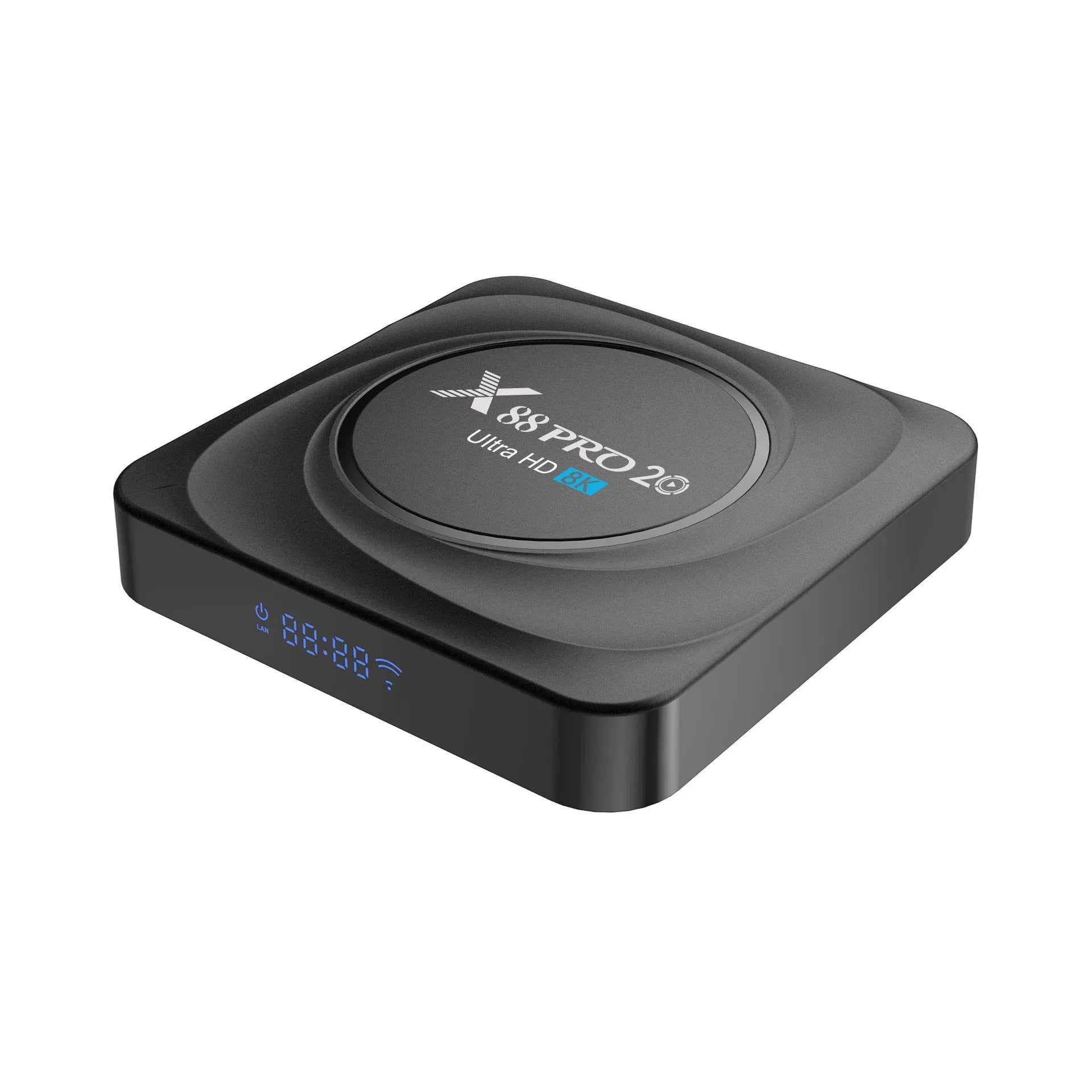 Black Android TV set-top box with HDMI port, shown with remote control and UK plug power adapter.
