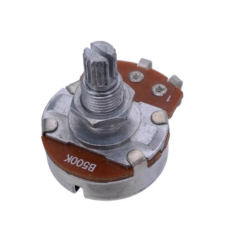 A single metal potentiometer knob for an electric guitar, shown with labels for A500K, B500K, A250K, and B250K variants.