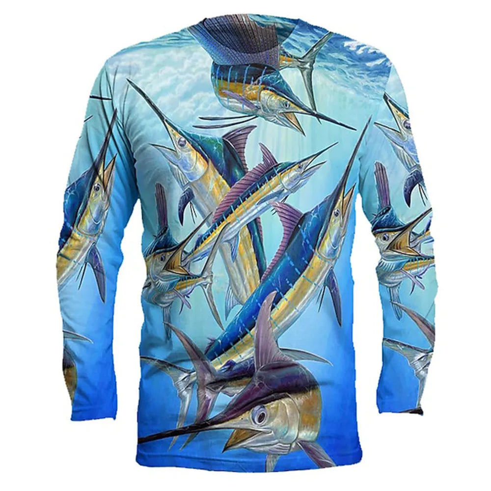 Men's fish printed long-sleeved pullover top in milk silk polyester fabric showing round neck design