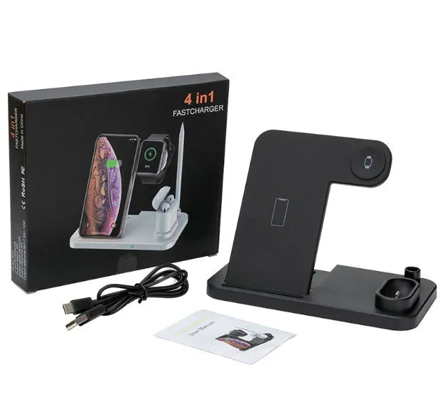 Black foldable 4-in-1 wireless charging station showing phone, Apple Watch, and AirPods charging simultaneously.