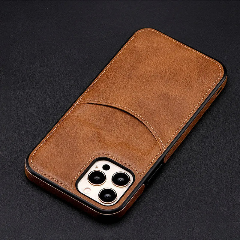 Dark blue PU leather protective case for iPhone, showing back and side coverage with precise port cutouts.