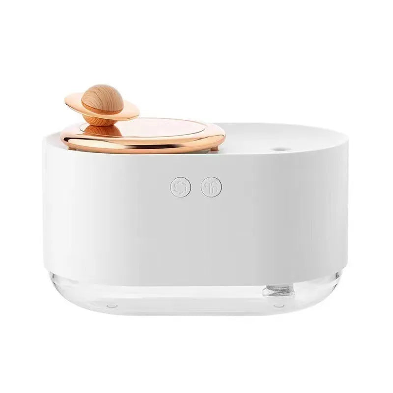 Rotating planet humidifier with night light in green, pink, or white colours showing USB port and mist output