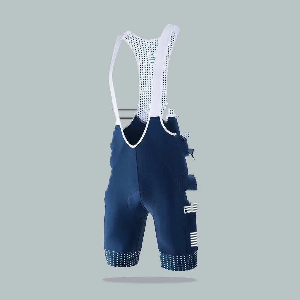Men's black suspender shorts for road cycling, made from moisture-wicking polyester fabric.