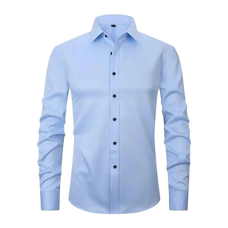 Men's stretch long sleeve work shirt in polyester fabric, shown in a light colour on a hanger.