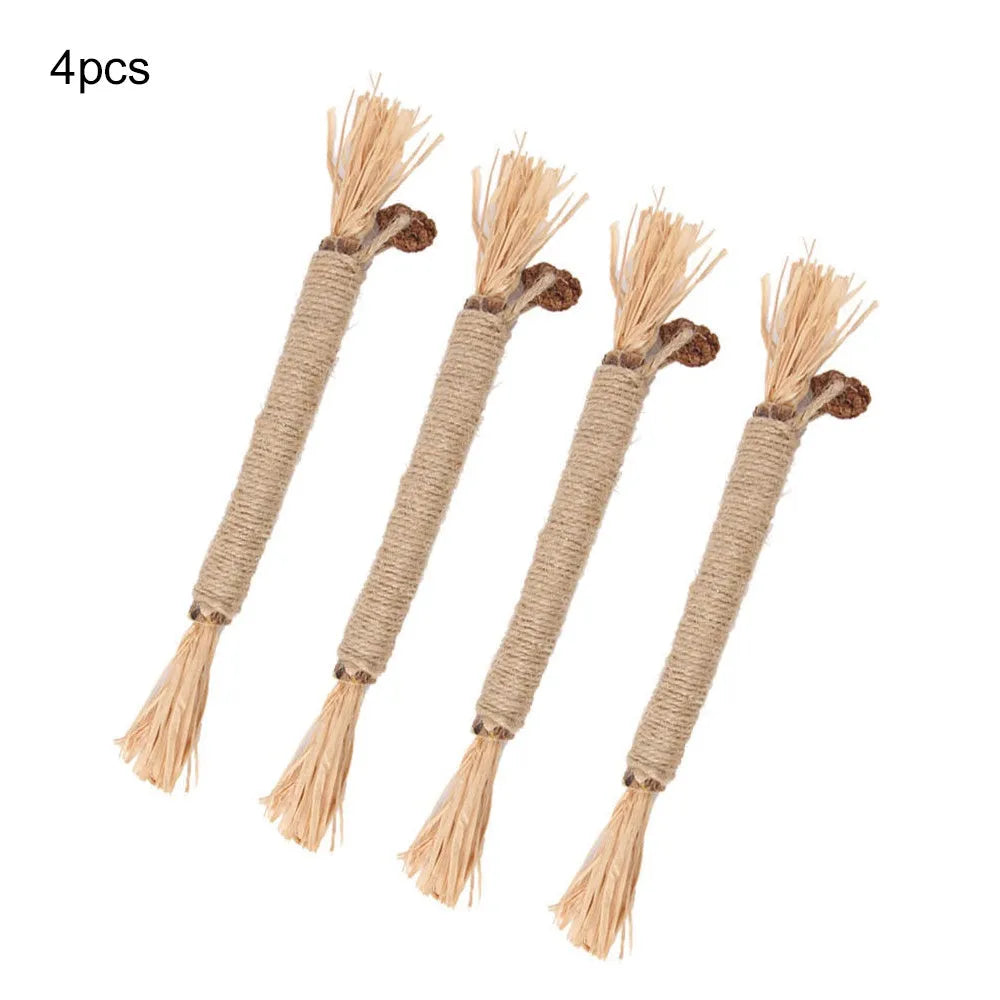 Three natural silvervine chew sticks for cats with sisal rope and raffia dental toy