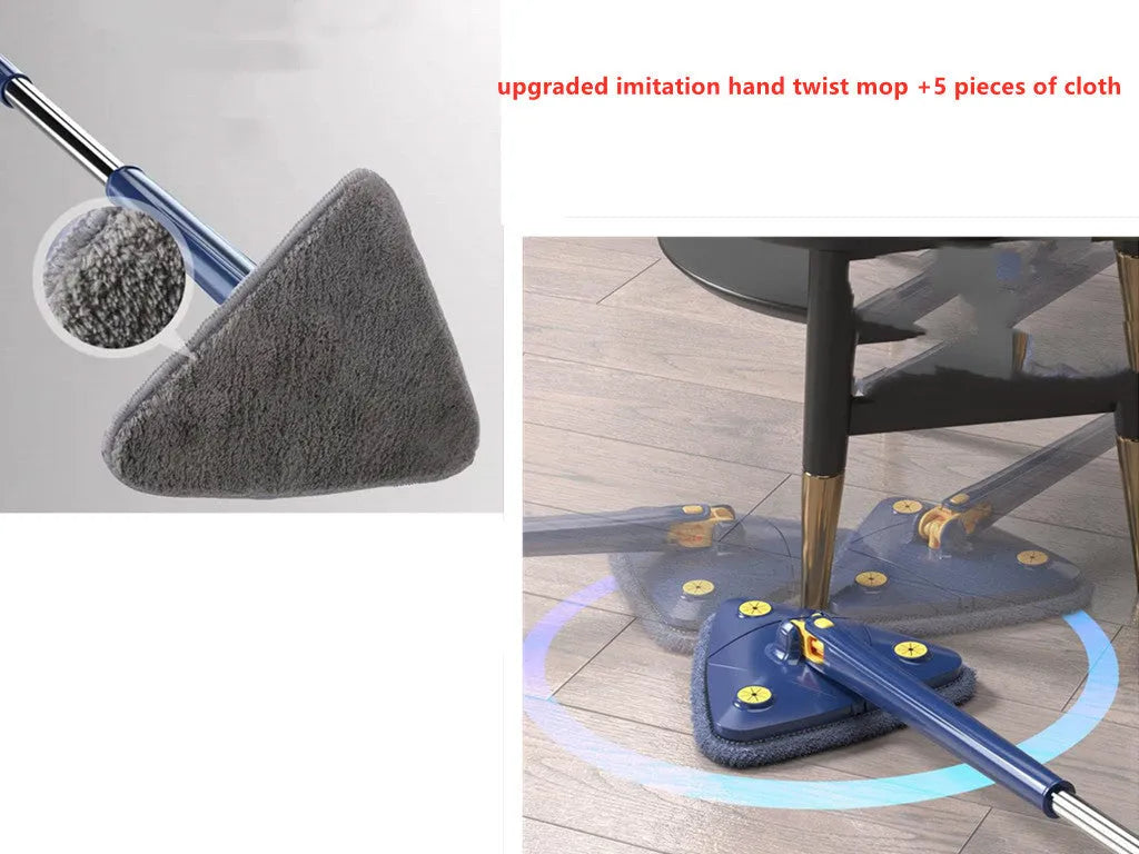 Blue and white extendable triangle cleaning mop with a rotating head on a long stainless steel pole.