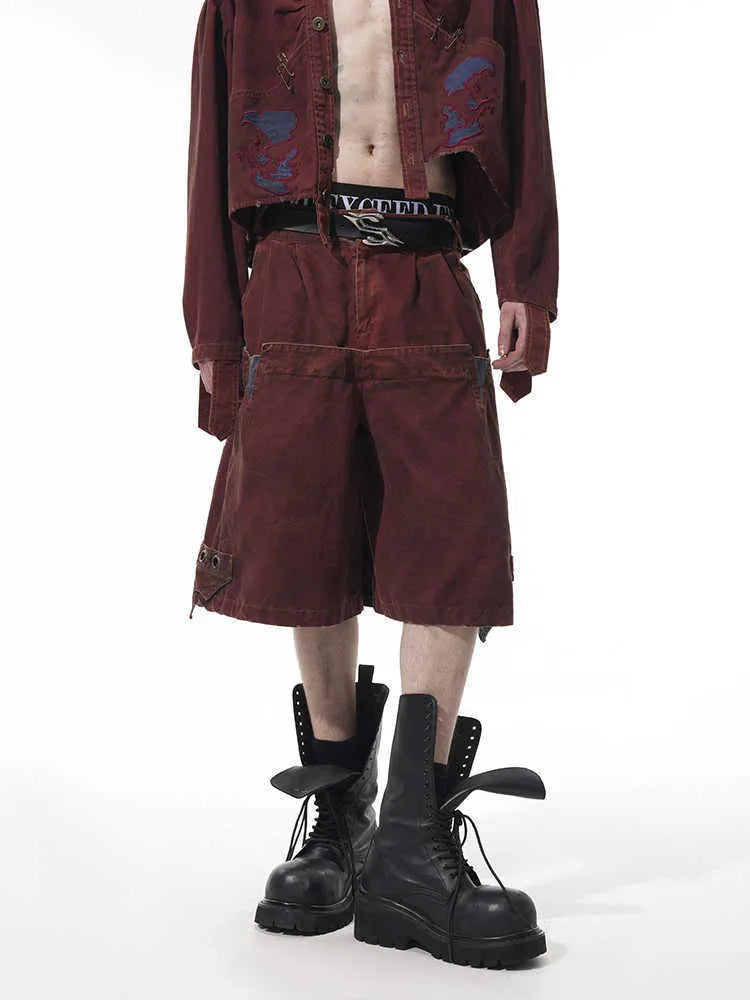 Men's black double waist cropped pants with washed stitching details and mid-high waist