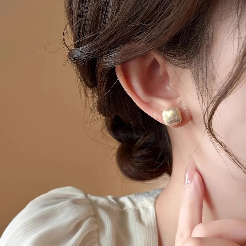 Cube sugar imitation pearl earrings for women, geometric style studs with electroplating
