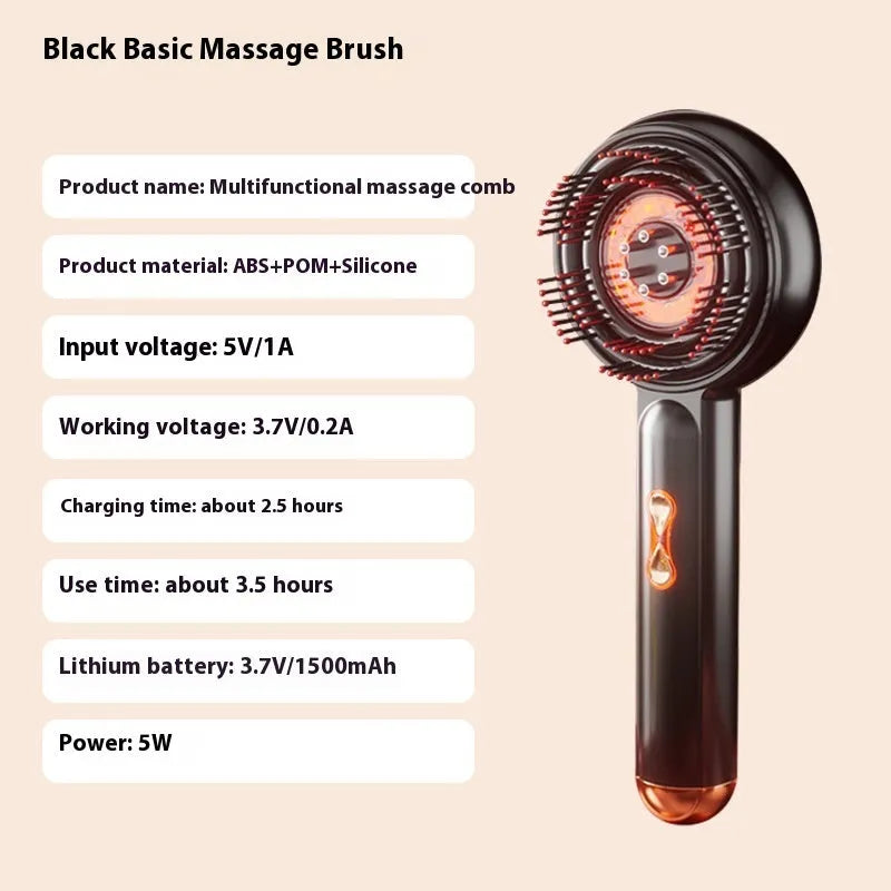 Black or red household massage hair comb with red and blue lights, showing Type-C charging port and plastic body