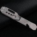Titanium alloy multi-tool with crowbar edge, screwdriver tip, and bottle opener notches on a stone wash finish background.