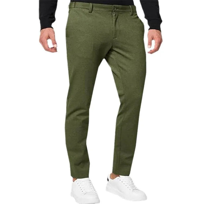 Men's slim-fit tapered chino trousers in a grey cotton blend fabric with a zipper fly.