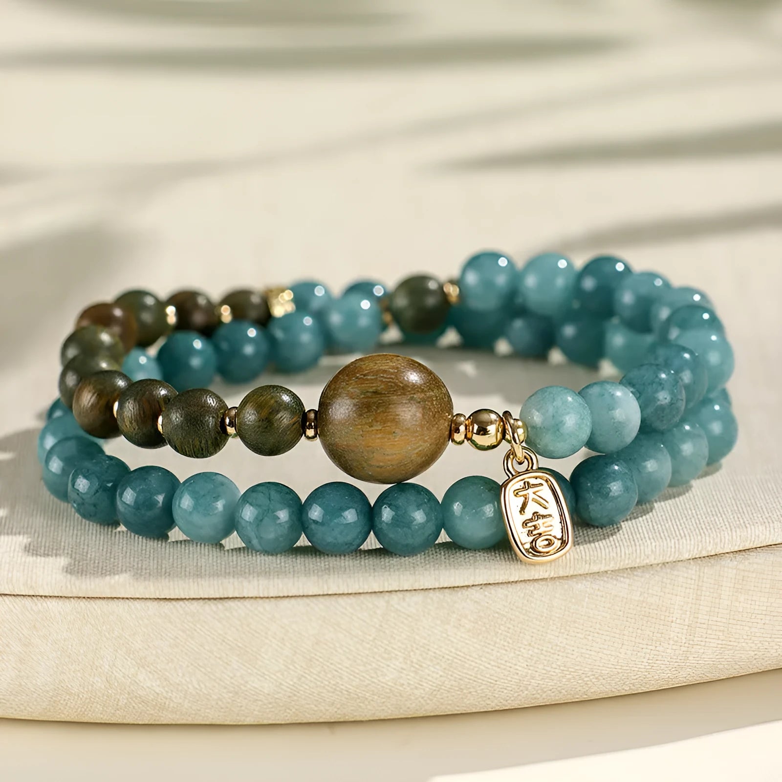 Blue gold sandalwood beaded bracelet for women with geometric design featuring Fu and Xi characters in New Chinese style