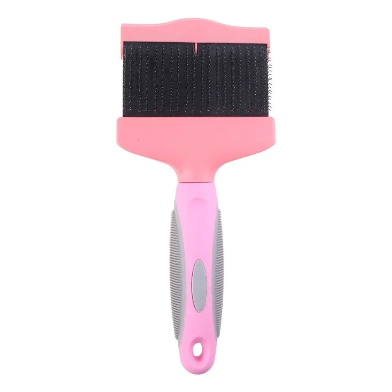 Blue double-sided pet brush with stainless steel pins on one side and soft bristles on the other, showing ergonomic handle.