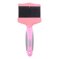 Blue double-sided pet brush with stainless steel pins on one side and soft bristles on the other, showing ergonomic handle.