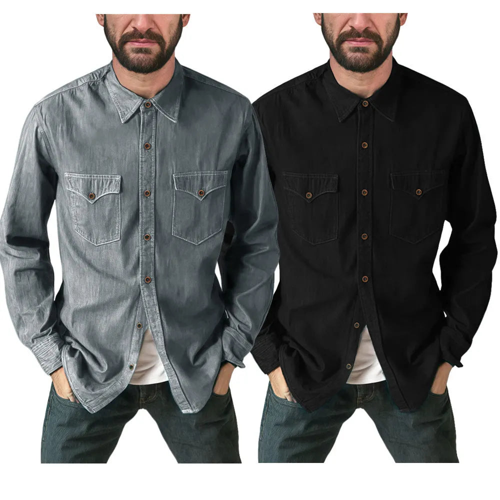 A khaki cotton denim cardigan coat hanging, showing its open front and regular fit.
