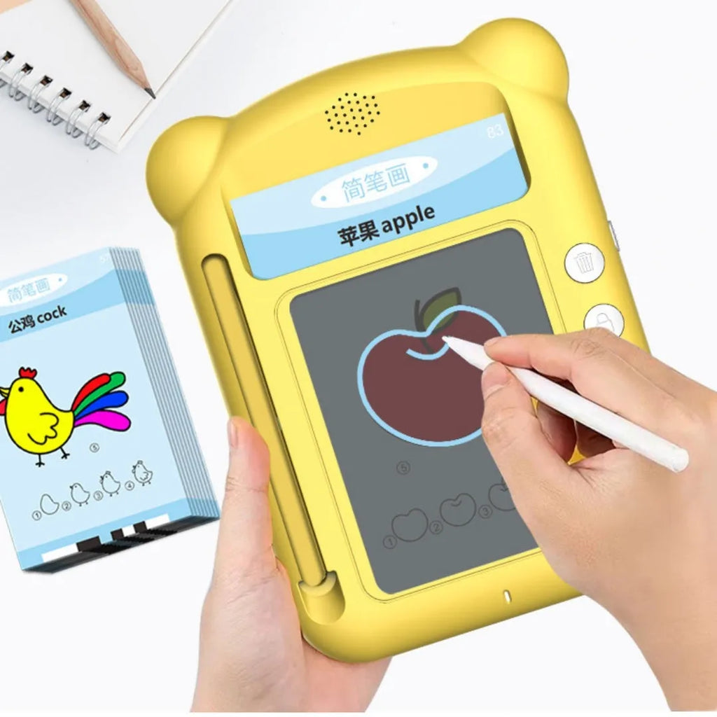 Yellow bilingual early learning machine with educational cards for letter and Chinese character practice