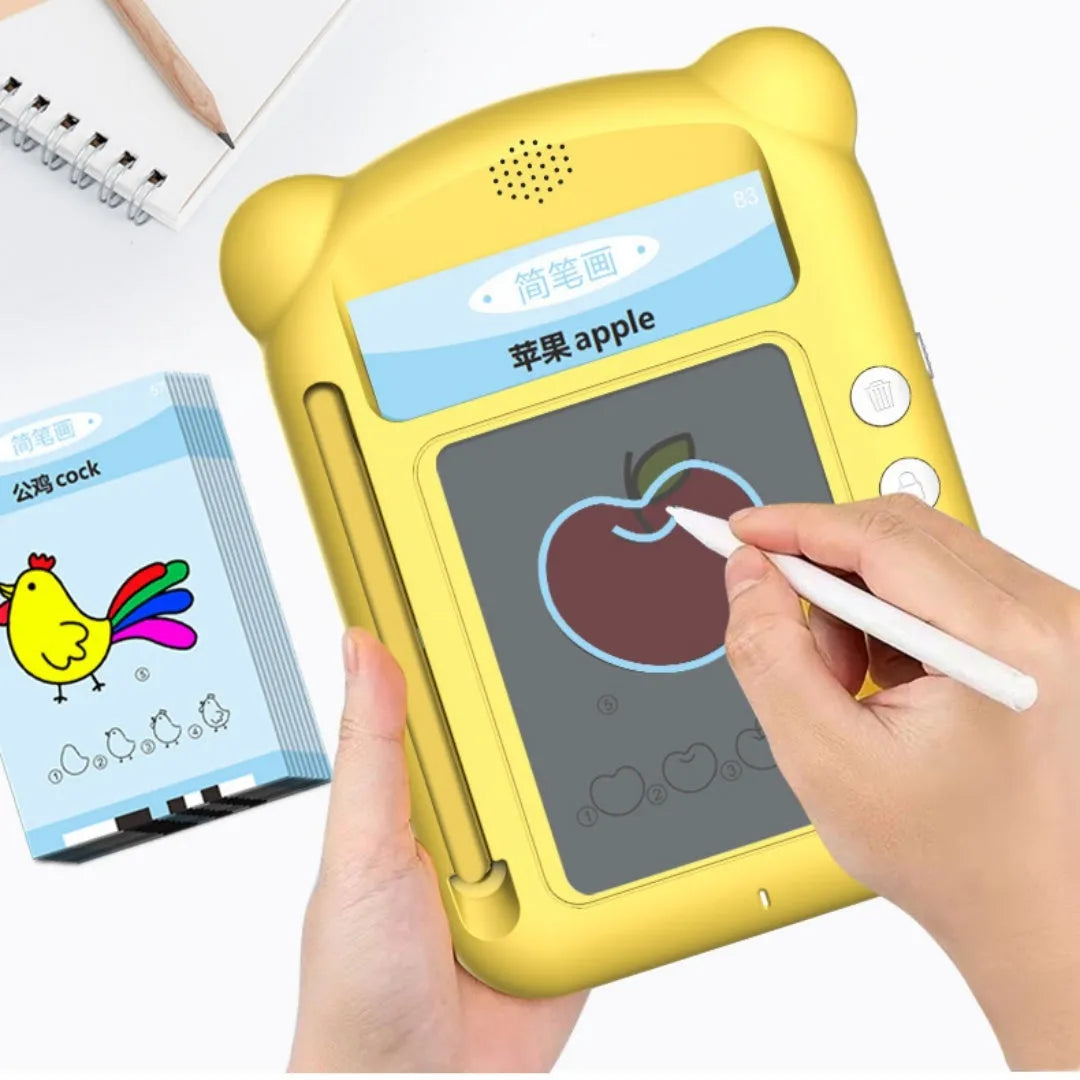 Yellow bilingual early learning machine with educational cards for letter and Chinese character practice