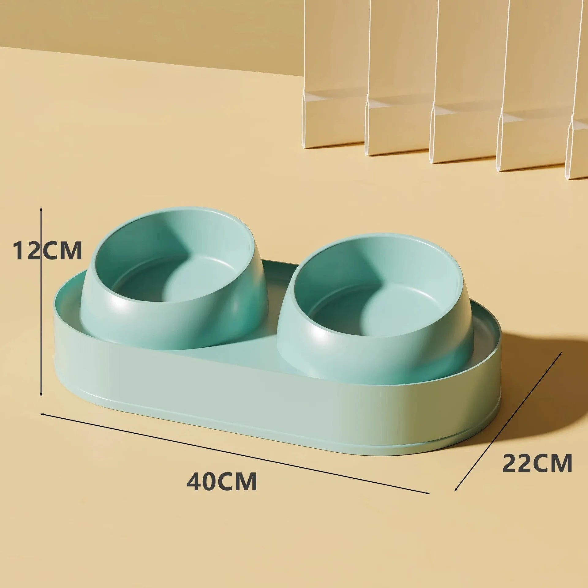 White elevated pet feeder with two tilted bowls on a wide base, for cats and small dogs.