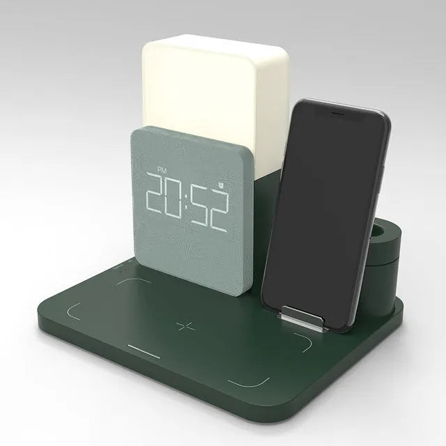Digital LED alarm clock with night light and magnetic wireless charger in black casing