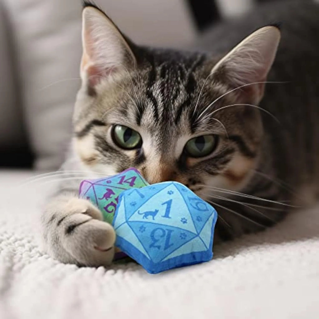 Dice-shaped soft plush catnip toy in assorted colours for interactive play and teething kittens.