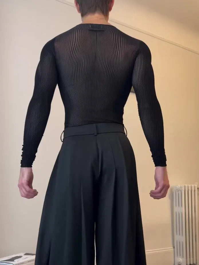 Black mesh long-sleeve top with sheer striped design, regular fit, sizes S to 3XL