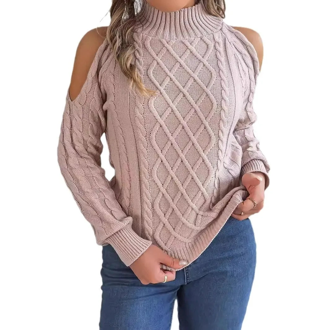 Women's strapless twist pattern sweater with lantern sleeves in wine red colour