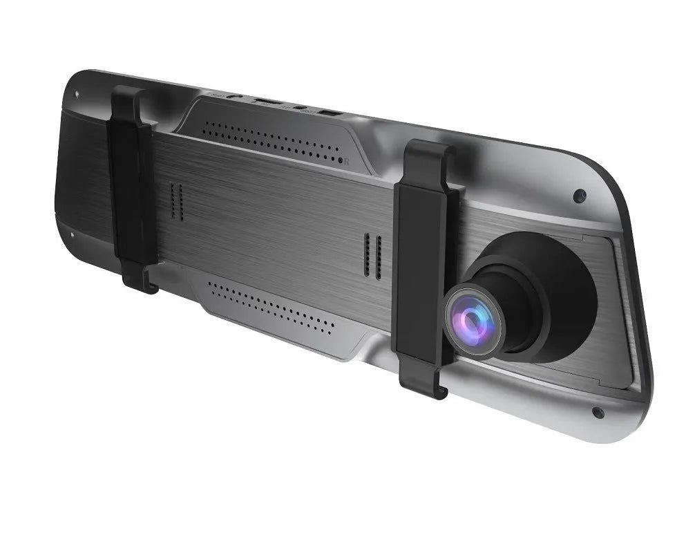Black rearview mirror driving recorder with 10-inch touch screen display mounted in vehicle