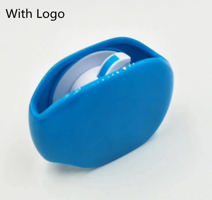 Automatic plastic cable winder retractor showing black, blue, and red units next to a coiled earphone cable.