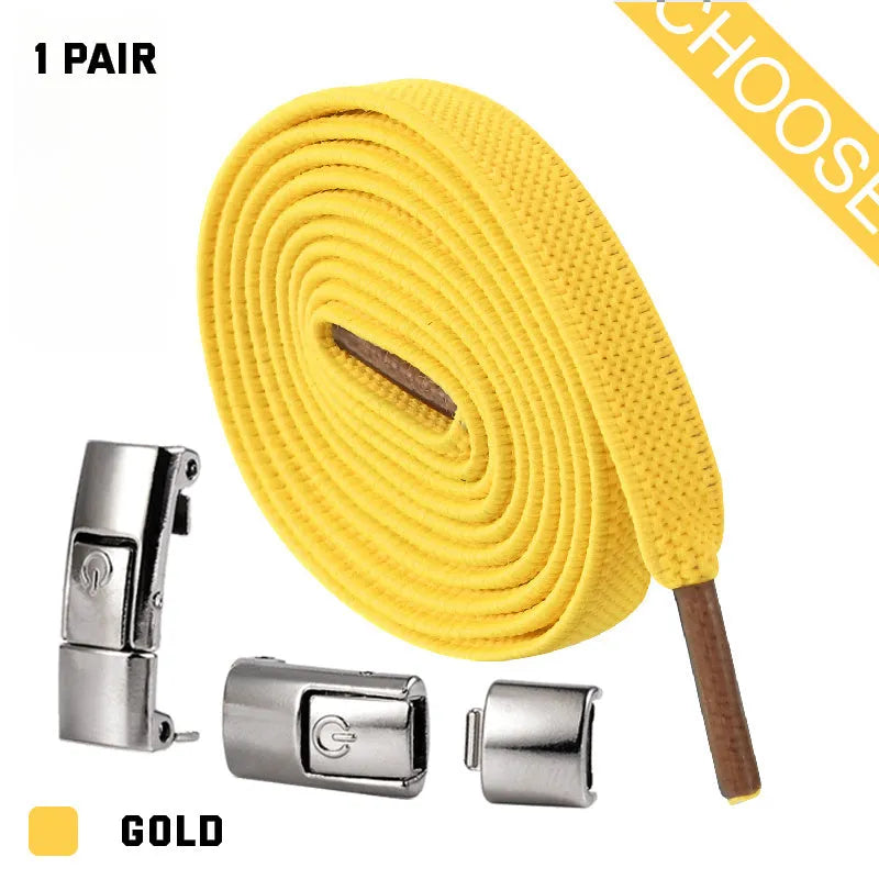 Set of press lock elastic no-tie shoelaces in 8mm widened flat design on a white background.