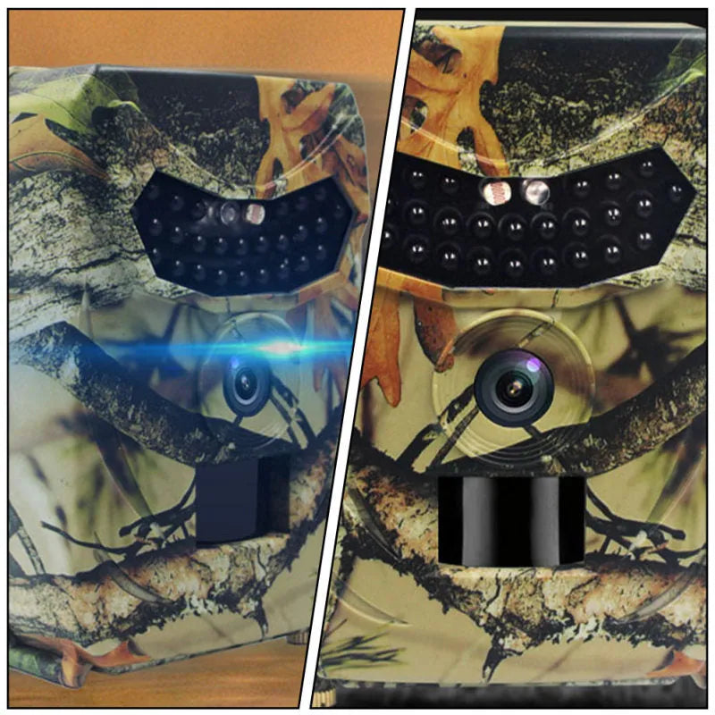 Yellow brown plastic hunting game camera with wide lens showing dimensions 135x90x55mm