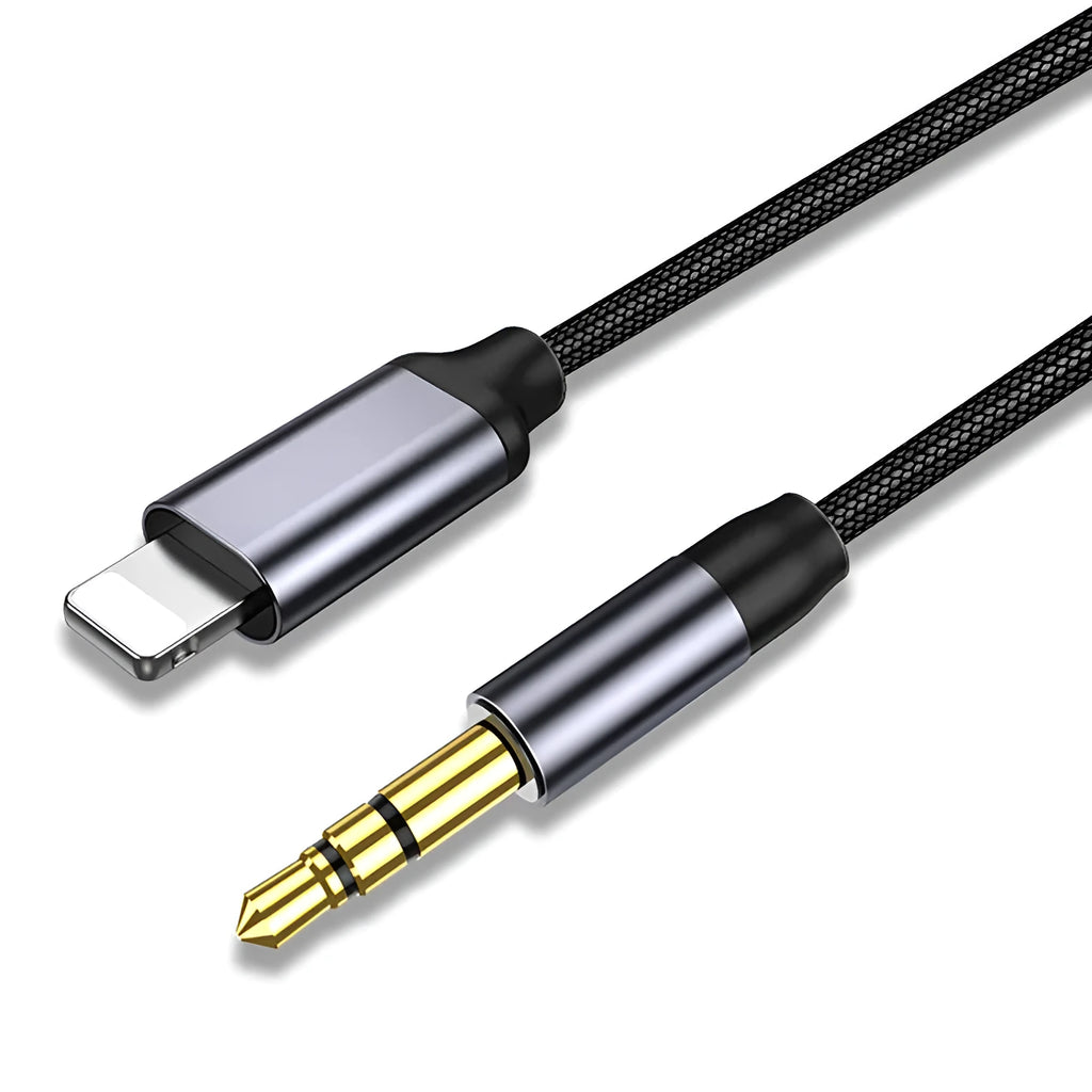 Silver nylon-braided 3.5mm male-to-male auxiliary audio cable with nickel connectors.