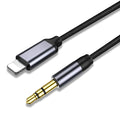 Silver nylon-braided 3.5mm male-to-male auxiliary audio cable with nickel connectors.