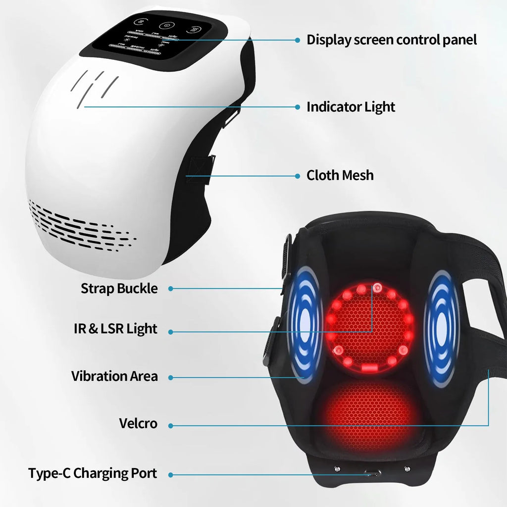 White rechargeable electric knee massager with infrared laser and heating for pain relief.