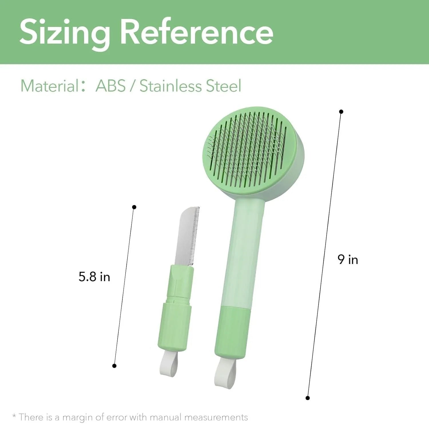 Green and yellow 2-in-1 pet grooming brush with stainless steel teeth and hanging hook