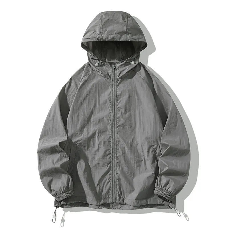 Loose-fit thin nylon blend outdoor sports jacket shown in light grey colour
