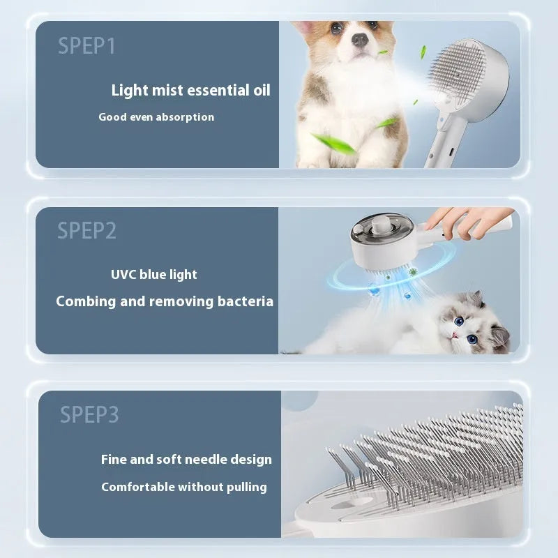Ceramic white pet grooming comb with spray tank and blue UV light on for dog or cat hair removal.