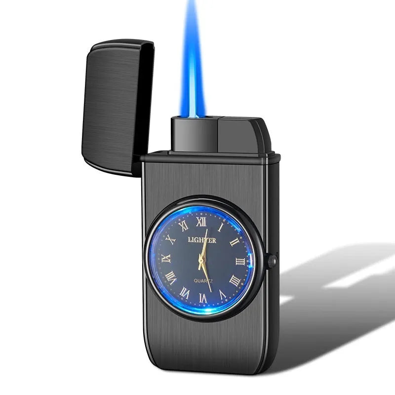 Electronic watch gas lighter with LED flash in black brushed metal finish.