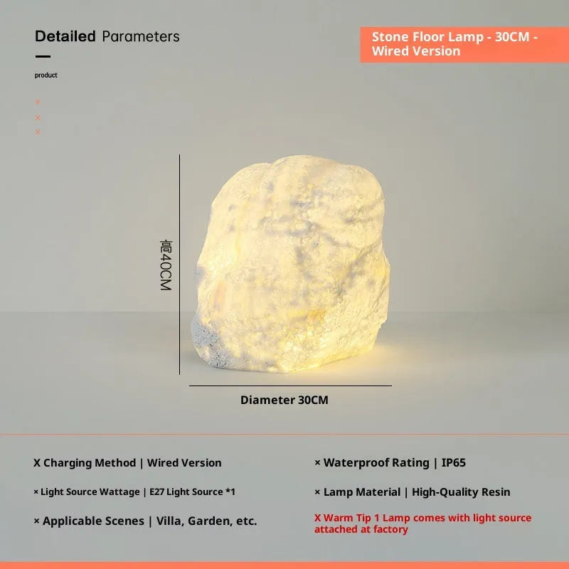 Outdoor waterproof stone resin floor lamp with warm light, IP65 rated for garden or courtyard use