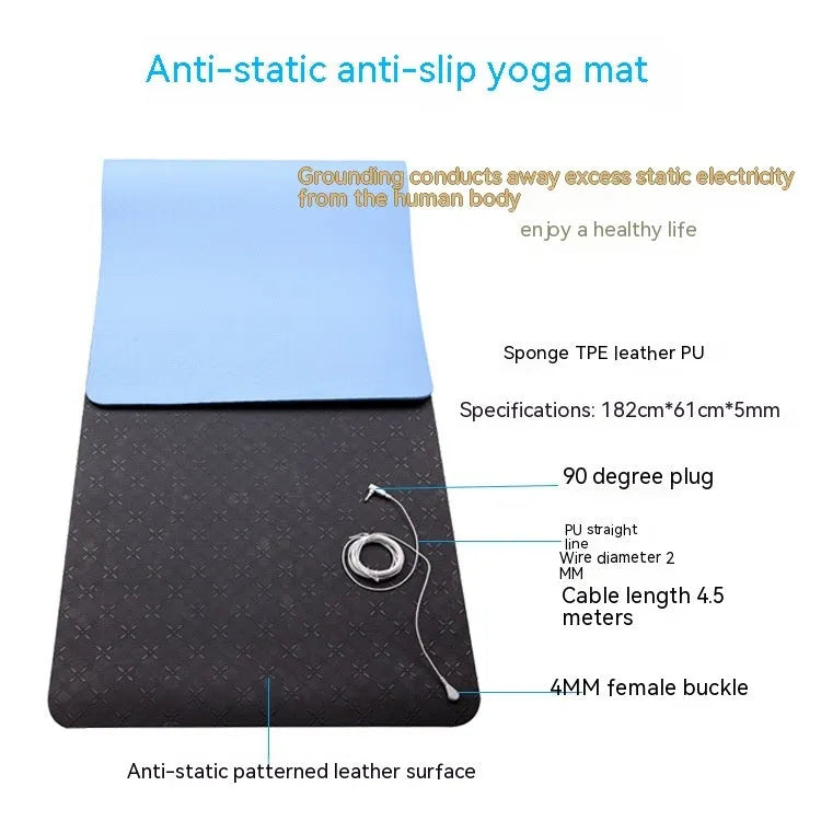 Blue conductive yoga mat with grounding wire and plant pattern, measuring 182x61cm