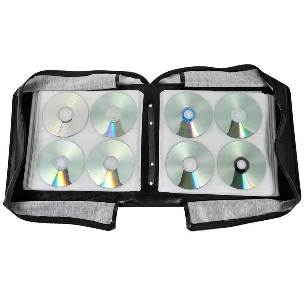 Black oxford fabric CD DVD storage organiser with hand strap and zipper closure