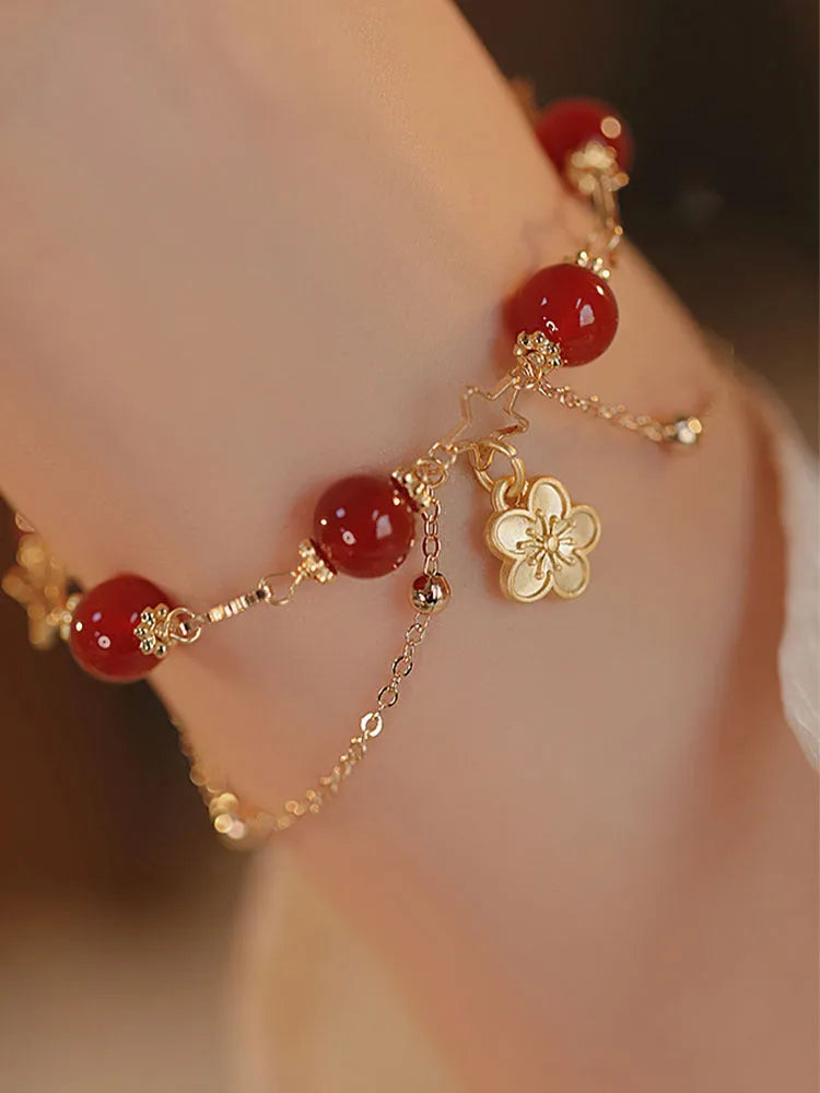 Red agate double layer bracelet with peach blossom flower design and manual craftsmanship