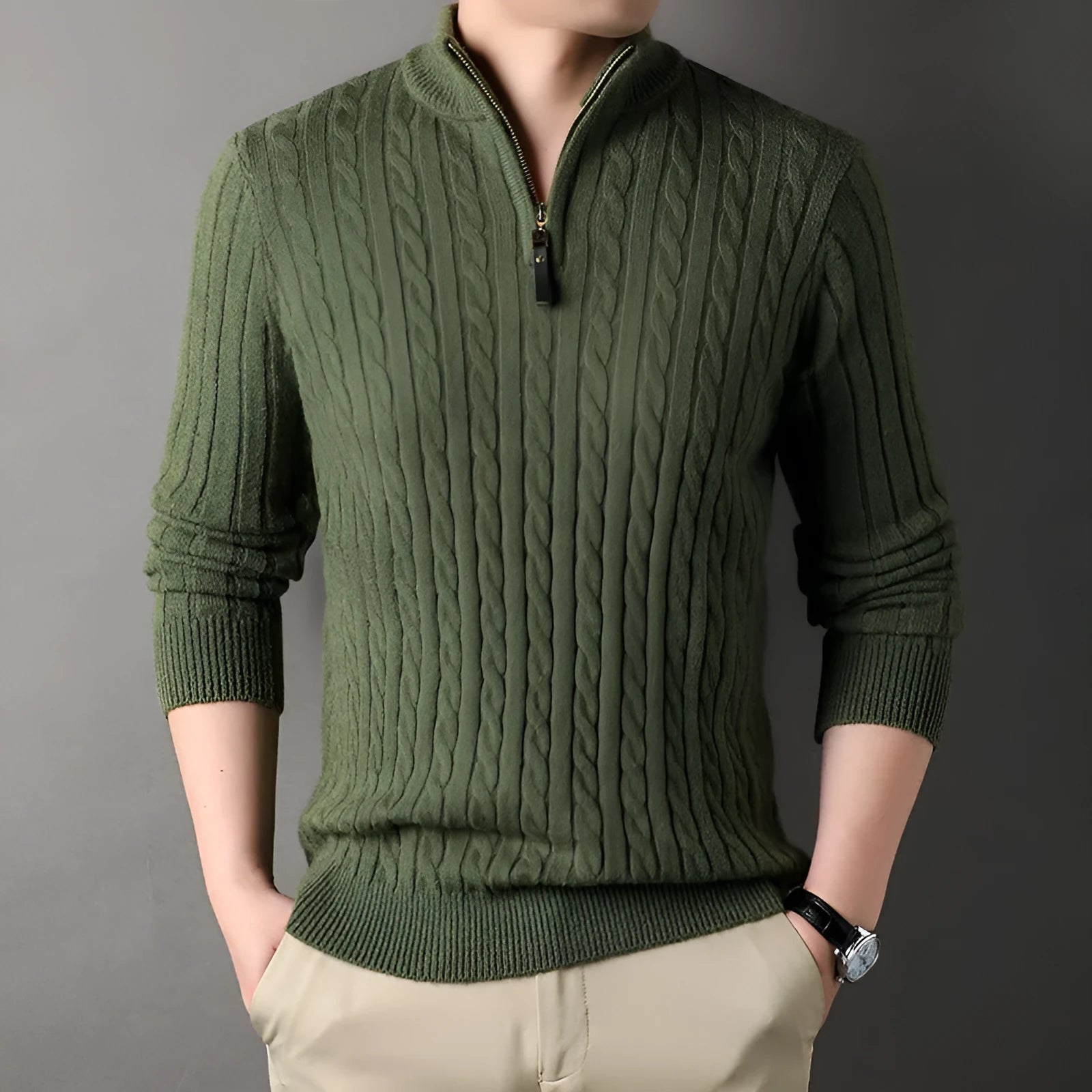 Eight loose men's casual cardigan sweater coat in M8511 apricot, thick polyester knit, slim fit, long sleeves, front view