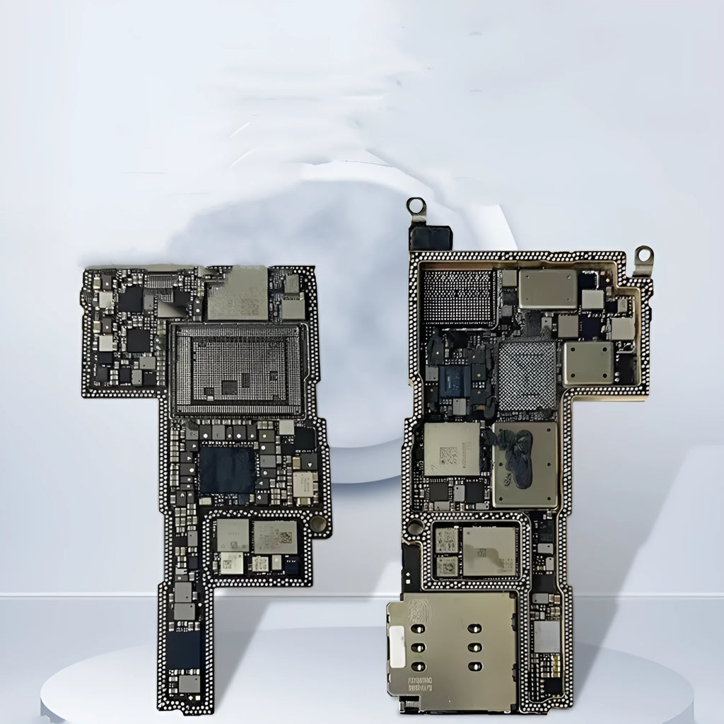 Silver iPhone logic board spare part for iPhone 12, 12 mini, 12 Pro, and 12 Pro Max repair