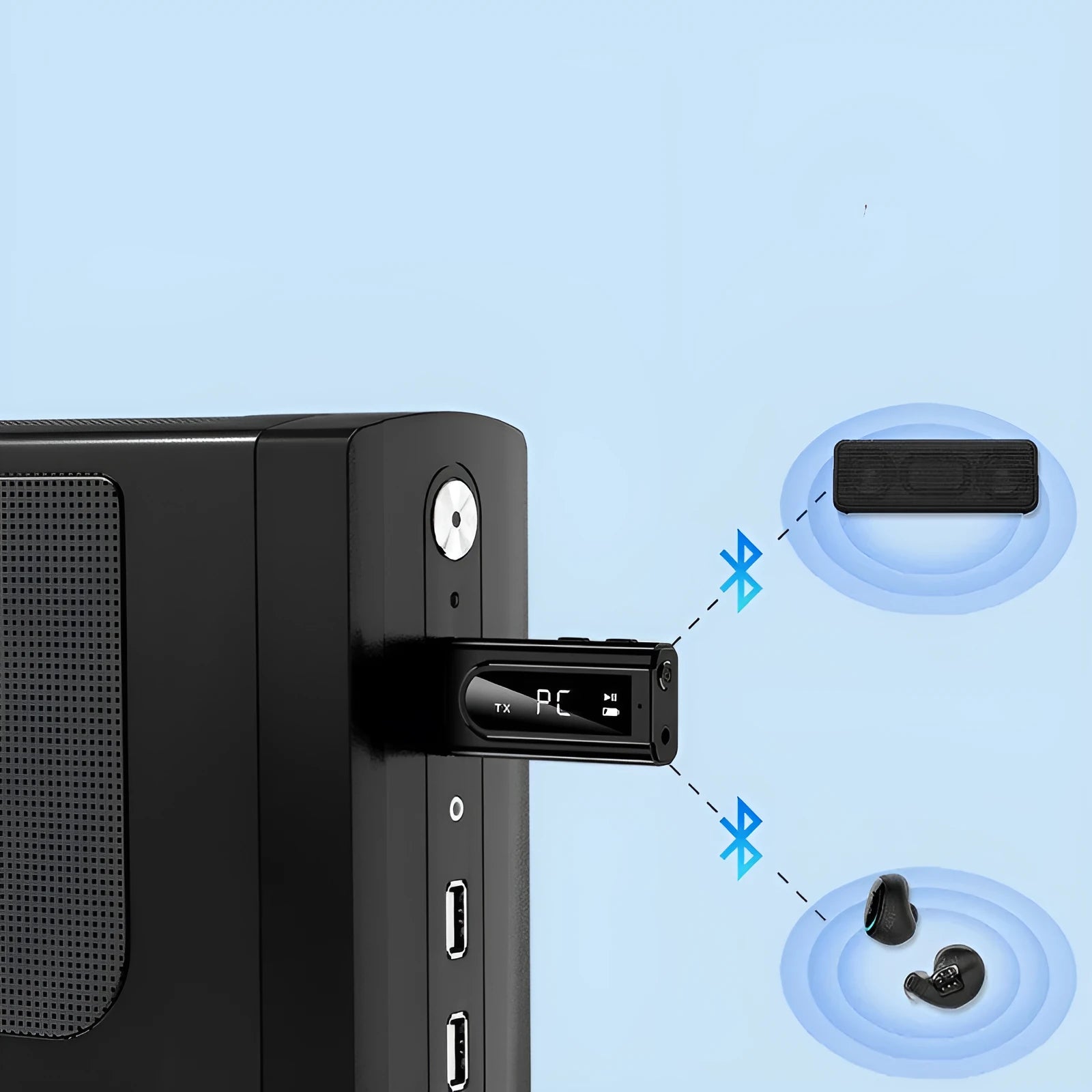 Black USB car FM Bluetooth receiver unit with USB port and AUX input socket
